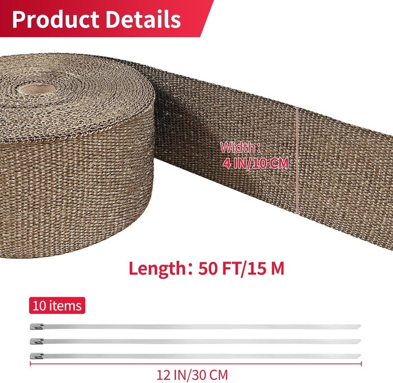 AggSound 4" x 50' Exhaust Heat Wrap Titanium Pliable Lava Muffler Roll Pipes, 10cmx15m Basalt Separated by Tropical Zone, Shield Tape with 20 Stainless Locking Ties - Image 2